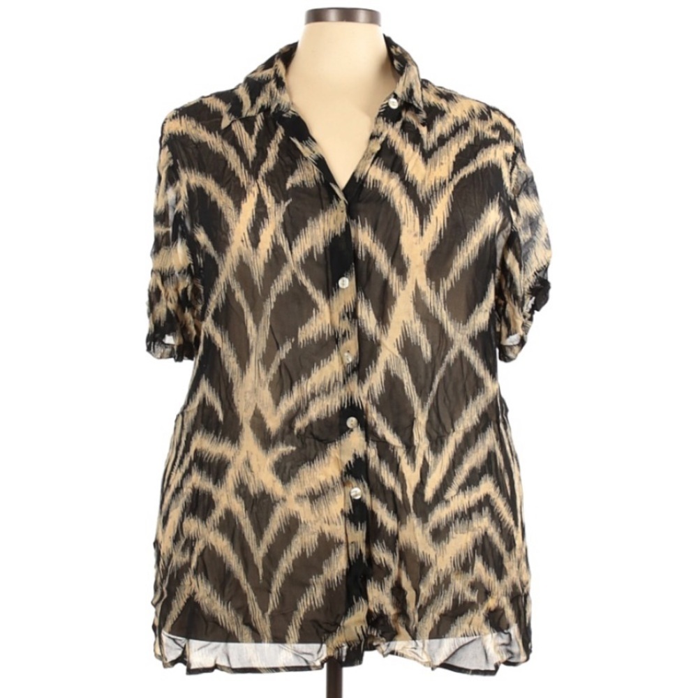 Avenue | Short Sleeve Button Down Shirt Black Tan 22/24 Plus Size